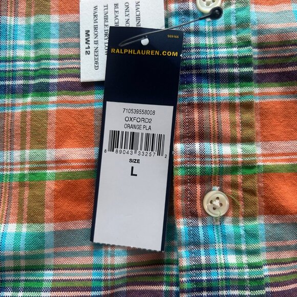 Ralph Lauren Oxford Plaid Shirt L Orange Green Blue Short Sleeve Cotton - Picture 5 of 9